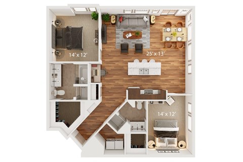 Floor plan for 2 beds, 2 baths, 1551 sqft